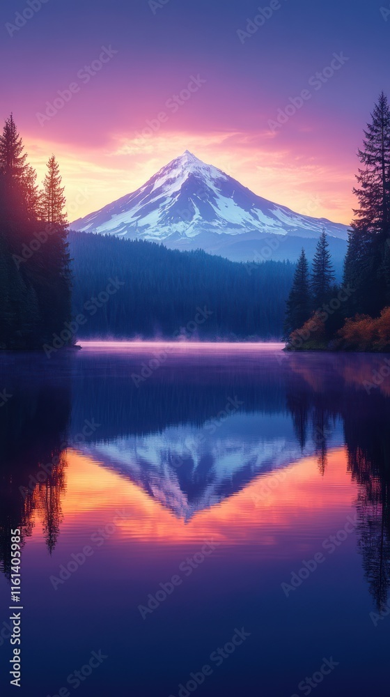 Majestic snow-capped mountain reflected in a calm lake at sunrise, vibrant colors fill the sky and water. Majestic snow-capped mountain reflected in a calm lake at sunrise, vibrant colors fill the sky and water.