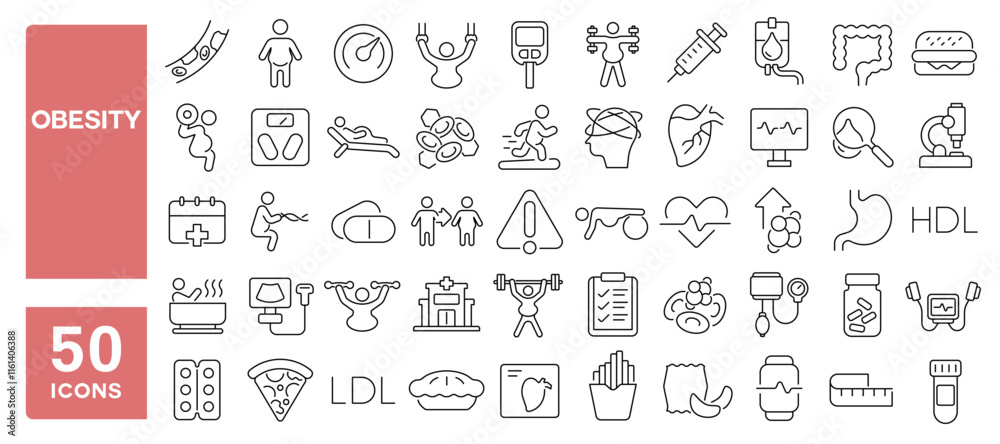 Set of 50 line icons related to obesity, overweight, fat, obese, cholesterol, fast food, symptom, diabetes, unhealthy, Editable stroke. Vector illustration