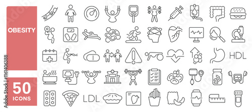 Set of 50 line icons related to obesity, overweight, fat, obese, cholesterol, fast food, symptom, diabetes, unhealthy, Editable stroke. Vector illustration