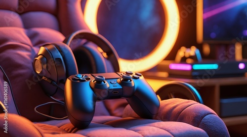 Gaming Setup: Immersive Nighttime Experience with Controller and Headset