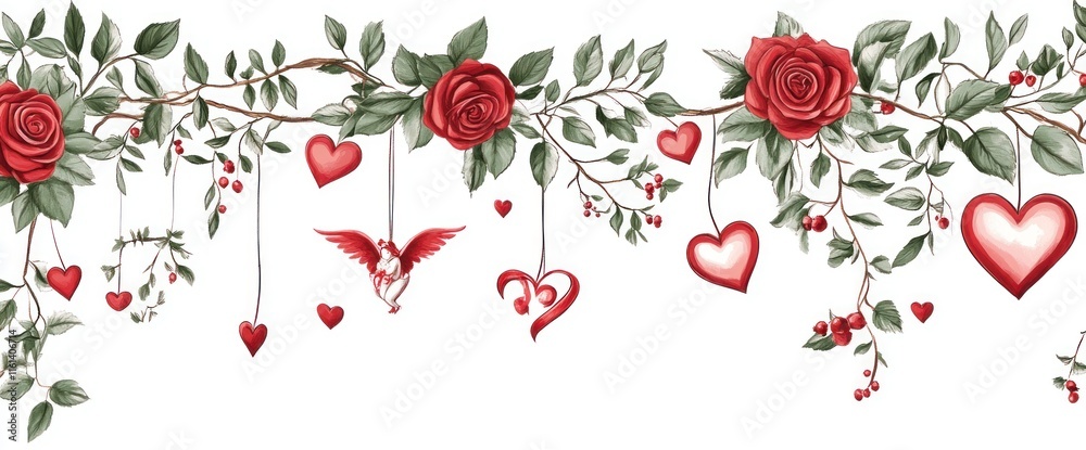Obraz premium Romantic rose garland with hanging hearts and cupid for Valentine's Day.