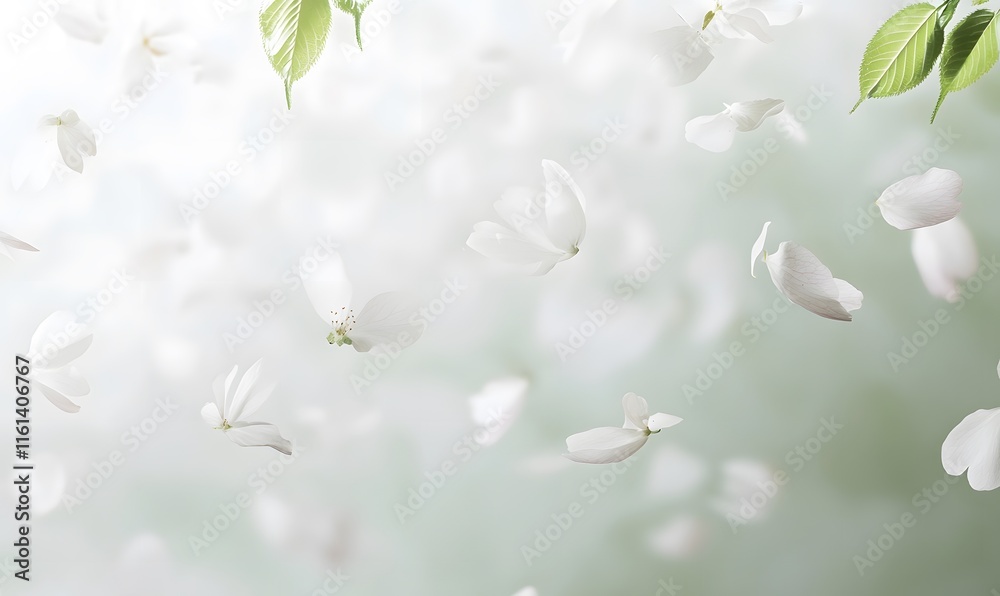 Fototapeta premium White flower petals falling on soft green background.