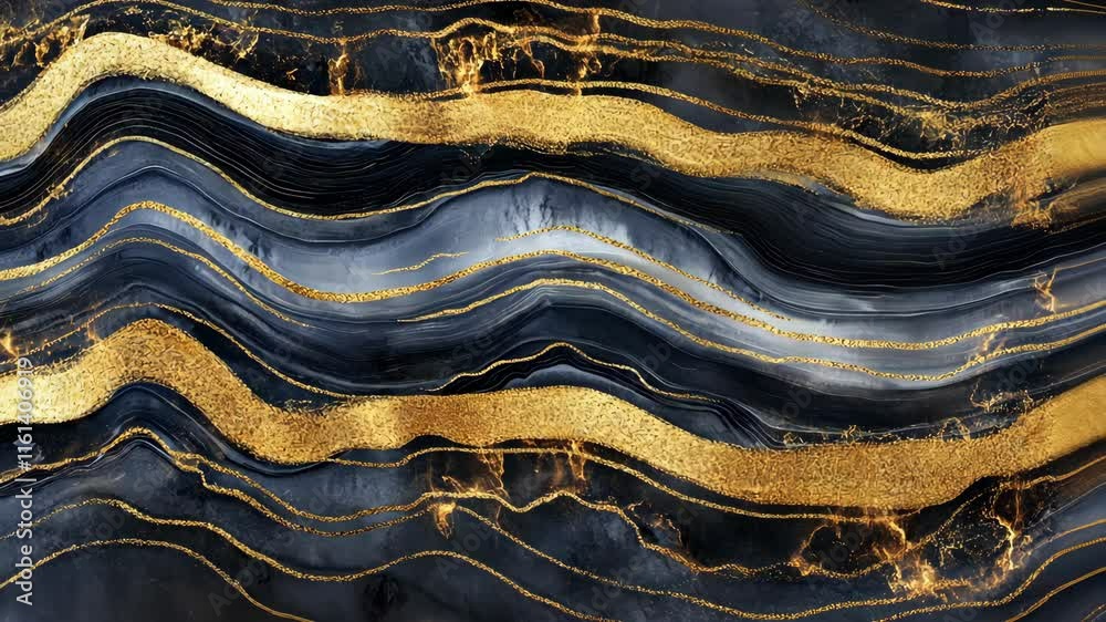 Abstract black and gold wavy pattern with intricate lines and textures showcasing elegance and sophistication
