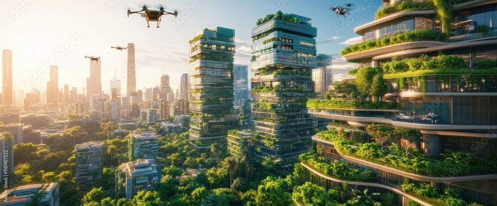 Obraz premium Futuristic eco-city with drones flying over green skyscrapers and lush vegetation.