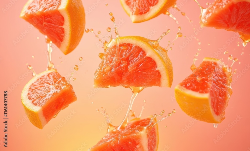 Vibrant orange slices splashing in air Vibrant orange slices splashing in air