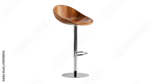Sleek wooden bar stool featuring chrome leg, circular footrest, minimalist design element, neutral styling for contemporary kitchen or home decor