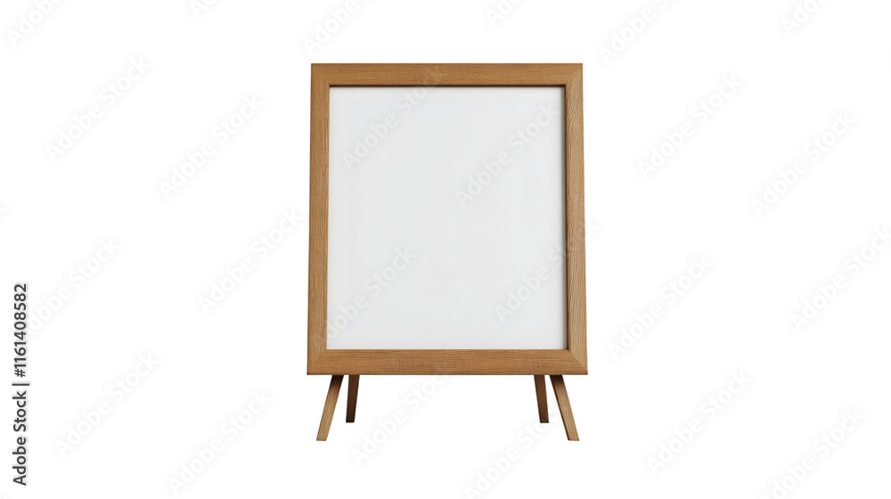 Wooden artist easel displaying blank white canvas, supporting creative presentation against transparent background Wooden artist easel displaying blank white canvas, supporting creative presentation against transparent background