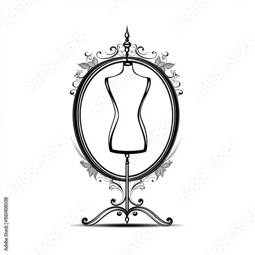 Minimalist 2D Vector Clothing Store Leafadorned mannequin in monochrome oval frame