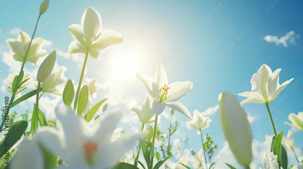 Fototapeta premium Low-angle view of white lilies in a field under a bright sun and blue sky.