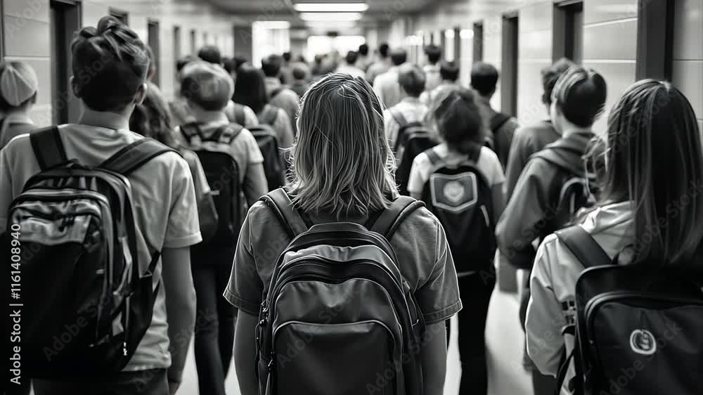 Black and white tracking teenagers from behind as they walk in slow motion down a crowded high school hallway before the start of class. For back to school themed information.
