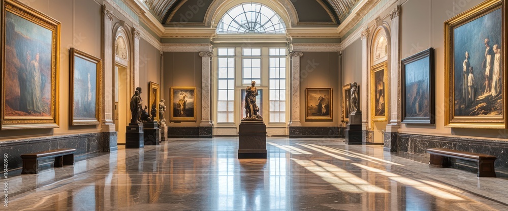 Naklejka premium Sunlit gallery interior with classical sculptures and paintings. (2)