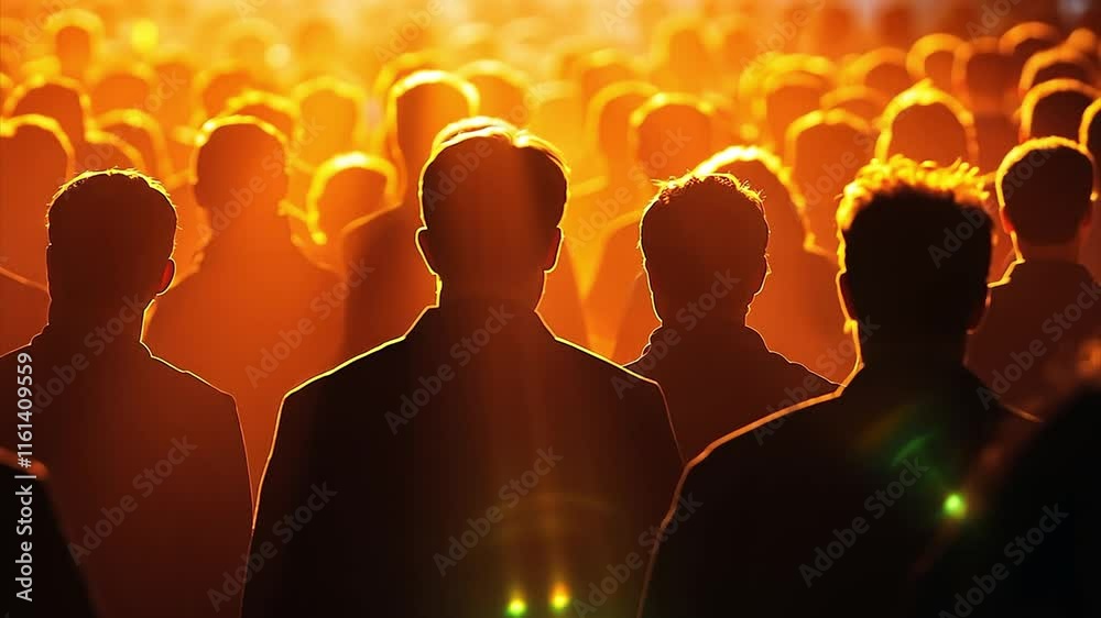 Crowds of businessmen gathered for a presentation in silhouette backlit by orange light compressed by a telephoto lens.