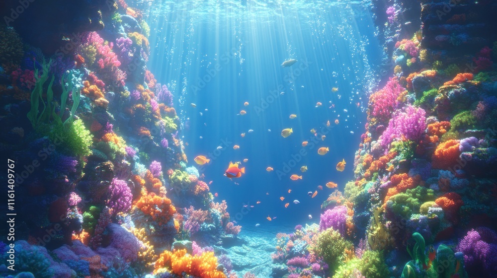 Fototapeta premium Vibrant coral reef scene with colorful fish and sunlight.