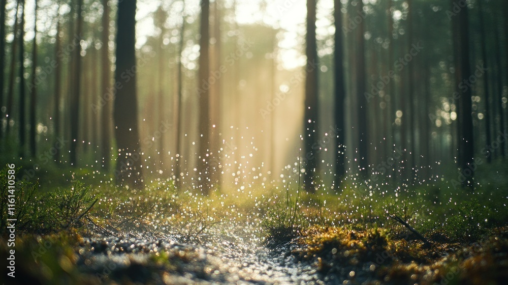 Sunlit forest path with rain droplets. Sunlit forest path with rain droplets.