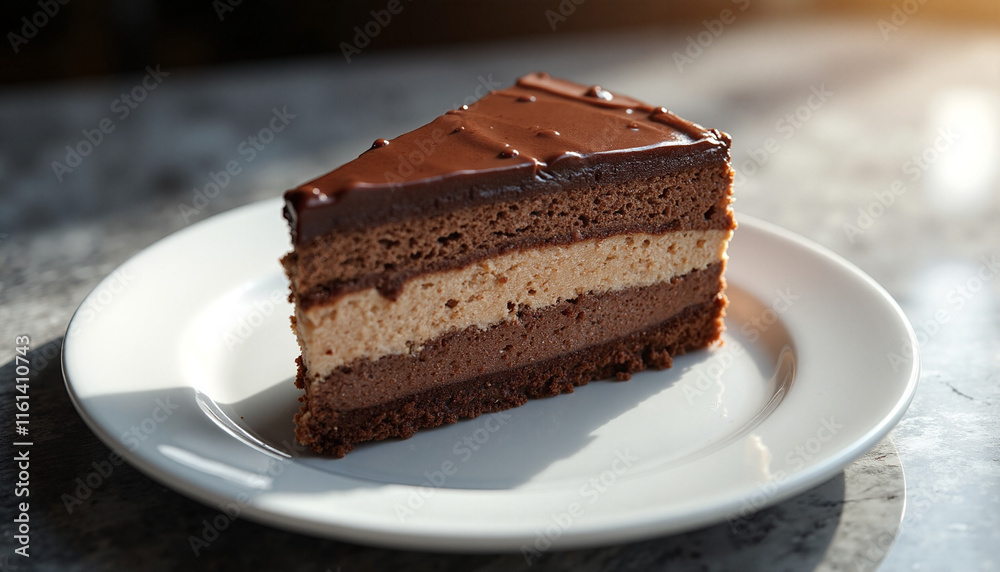 Decadent chocolate cheesecake slice with glossy ganache on white plate, showcasing rich layers and textures, captured in warm dramatic lighting on a marble countertop Decadent chocolate cheesecake slice with glossy ganache on white plate, showcasing rich layers and textures, captured in warm dramatic lighting on a marble countertop