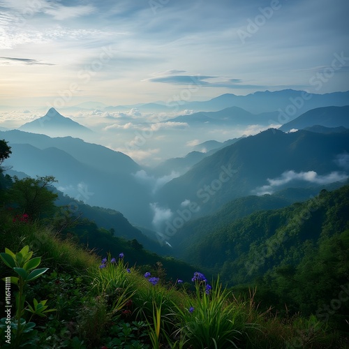 Majestic Mae Hong Son, Panoramic Vista of Misty Mountains and Lush Green Valleys in Thailand photo