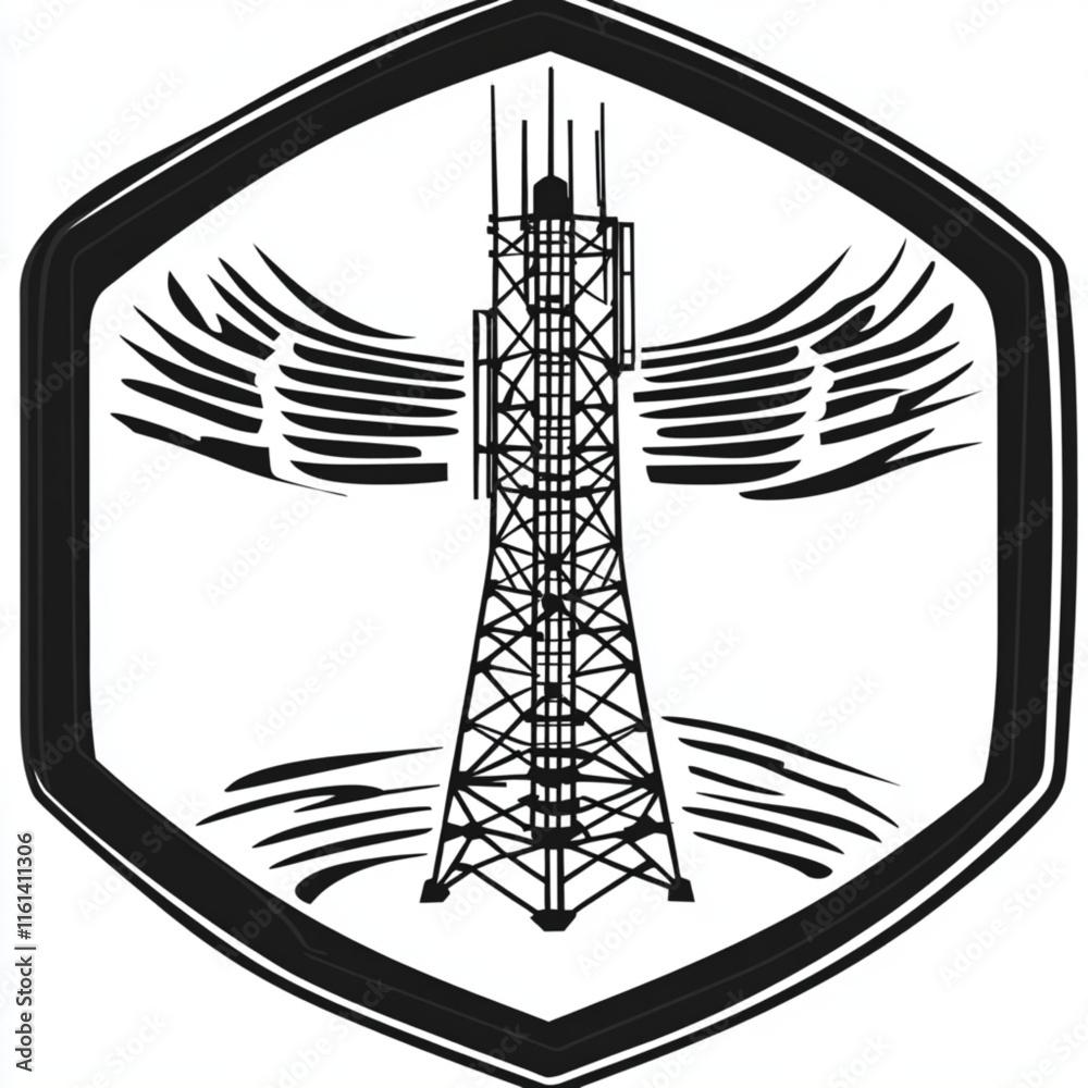 Fototapeta premium Cell tower waves logo design in minimalist monochrome style