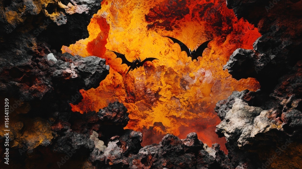 Two bats fly over fiery, hellish landscape viewed through a rocky crevice. Two bats fly over fiery, hellish landscape viewed through a rocky crevice.