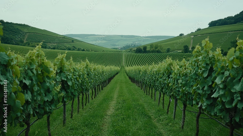 Naklejka premium Lush green vineyard rows stretching towards distant hills under a cloudy sky.