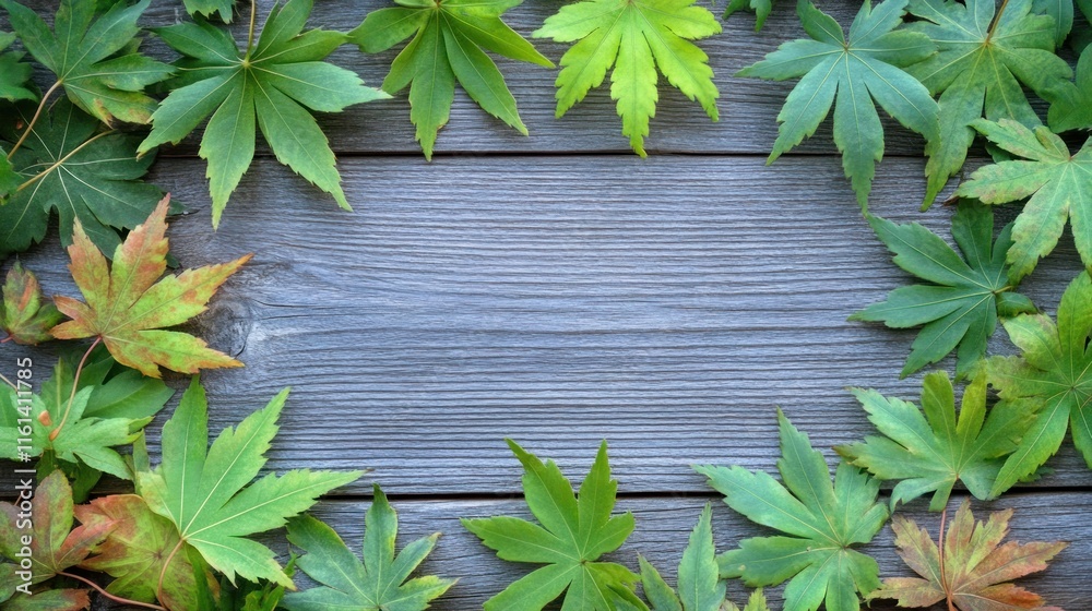 Frame of green and orange maple leaves on rustic grey wood. Frame of green and orange maple leaves on rustic grey wood.