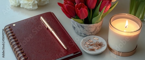 Red leather planner, rose gold pen, red tulips, lit candle, and paper clips on a white table.
