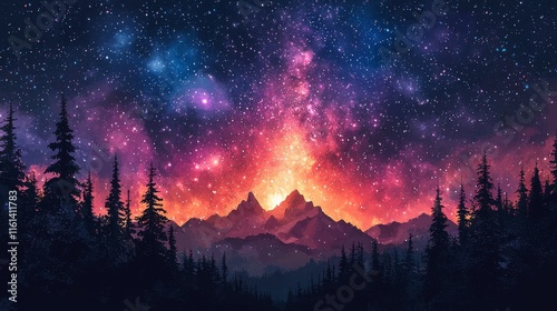 Night sky above mountains illuminated by colorful watercolor fireworks, with space left for text