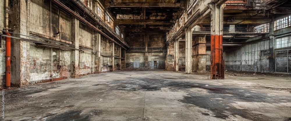 Derelict factory interior, showing decaying walls, stained floor, and rusted metal structures. Derelict factory interior, showing decaying walls, stained floor, and rusted metal structures.