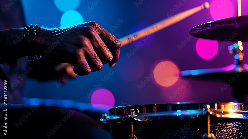 Naklejka premium Close-up of hands playing drums under vibrant stage lighting.