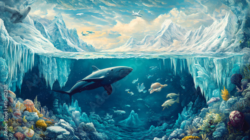 Spectacular frozen depths: a surreal journey through the glacial wonders of an undersea oasis. Frostline. Illustration
