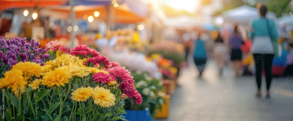 Obraz premium Vibrant flower bouquet at bustling outdoor market.