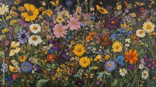 Vibrant wildflowers and butterflies in a lush meadow.