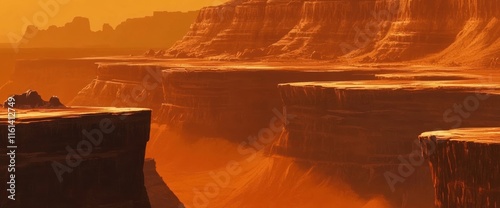 Martian canyon landscape with layered rock formations under an orange sky.