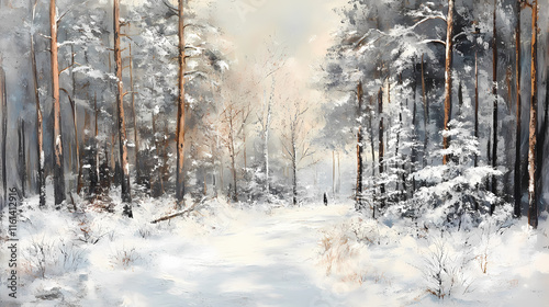 The winter forest is cloaked in a veil of silence, punctuated only by the soft crunch of snow underfoot and the occasional creak of frozen branches. Frostline. Illustration