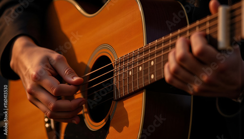 Musician Strumming Acoustic Guitar in Warm Stage Light photo