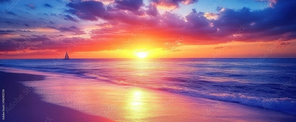 Fototapeta premium Vibrant sunset over ocean beach with sailboat.