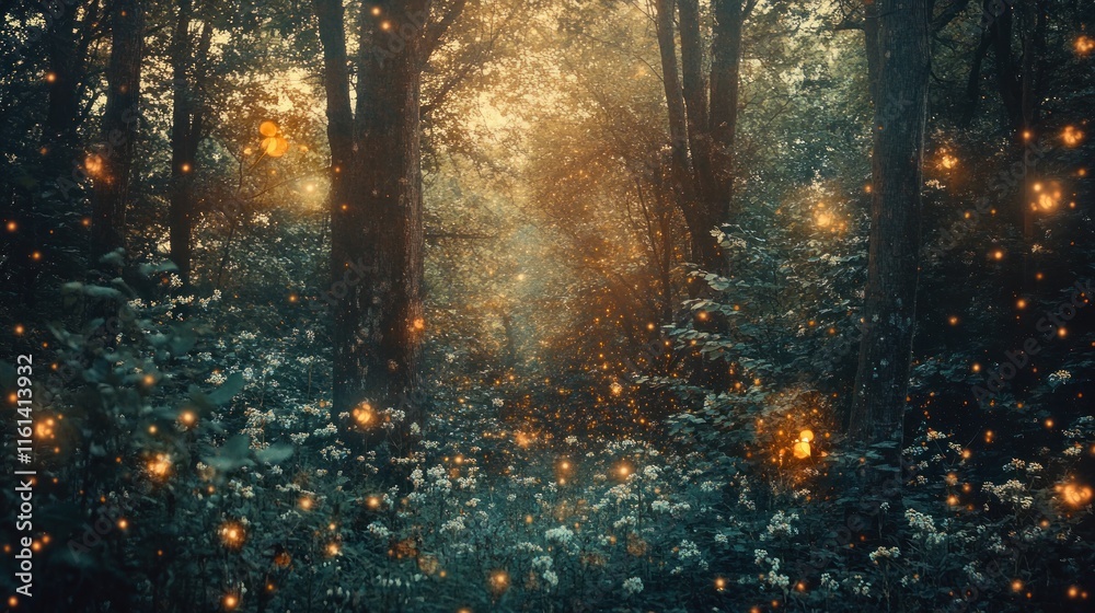 Magical enchanted forest path at dusk with glowing fireflies. Magical enchanted forest path at dusk with glowing fireflies.