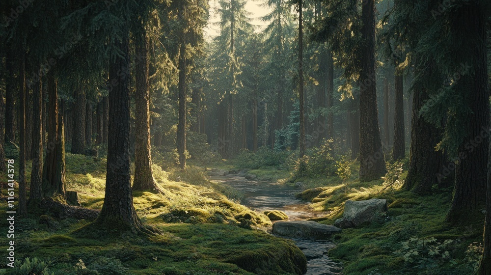 Obraz premium Sunlit forest path with moss, stream, and tall trees.