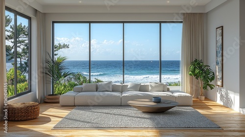 A minimalist 3D rendering of a sofa on a wooden floor in a large living room of a modern house or luxury hotel, featuring a sky and sea view