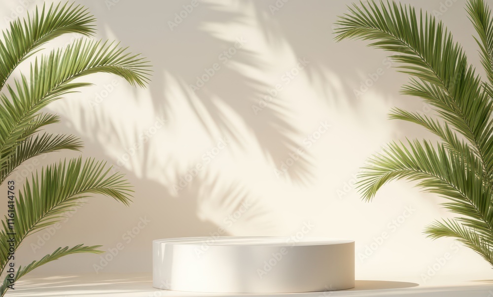 Minimalist white pedestal with palm shadows Minimalist white pedestal with palm shadows