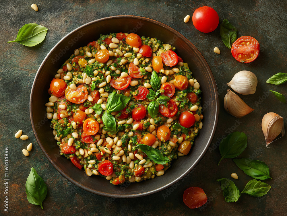 Bowl of food with tomatoes, beans, and basil. There are also some nuts and garlic on the table Bowl of food with tomatoes, beans, and basil. There are also some nuts and garlic on the table