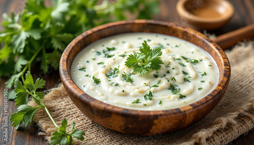 Herbed yogurt dressing in a rustic wooden bowl with fresh cilantro topped, showcasing creamy white texture and vibrant green flecks, placed on a textured linen cloth