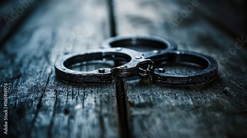 Handcuffs resting on a wooden table with a blurred background, symbolizing restraint and the complexity of freedom and confinement.