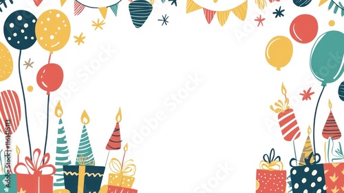 Festive birthday banner with balloons, gifts, and party decorations.