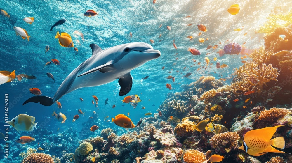 Fototapeta premium Dolphin swimming amidst vibrant coral reef and diverse fish.