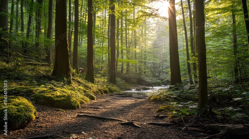 Obraz premium Sunlit forest path beside a stream.