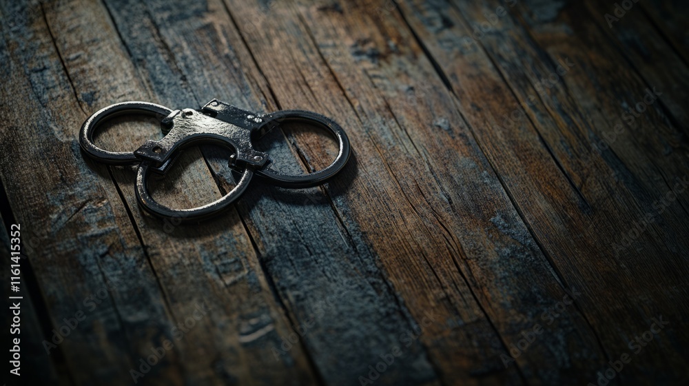 Handcuffs resting on a wooden table with a blurred background, symbolizing restraint and the complexity of freedom and confinement. Handcuffs resting on a wooden table with a blurred background, symbolizing restraint and the complexity of freedom and confinement.