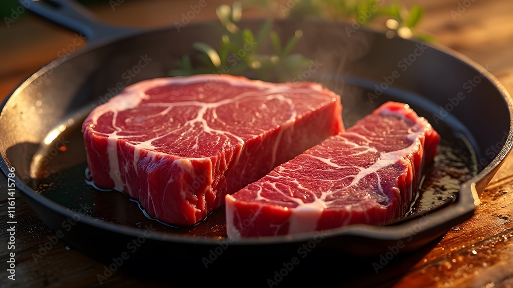 Fototapeta premium Ultra-Realistic Picanha Steak, Sliced Angus Beef in Cast Iron Skillet - Gourmet Food Photography