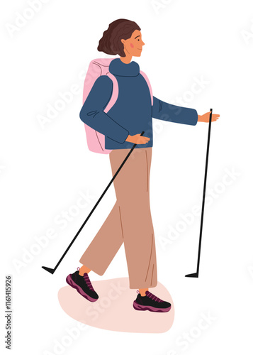 Nordic walking. Young girl wearing casual clothes engaged in scandinavian walking. Nordic walking with special poles. Healthy lifestyle, leisure time, outdoor sport. Colored flat cartoon vector