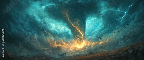 Apocalyptic tornado with lightning strikes, debris, and dark clouds.