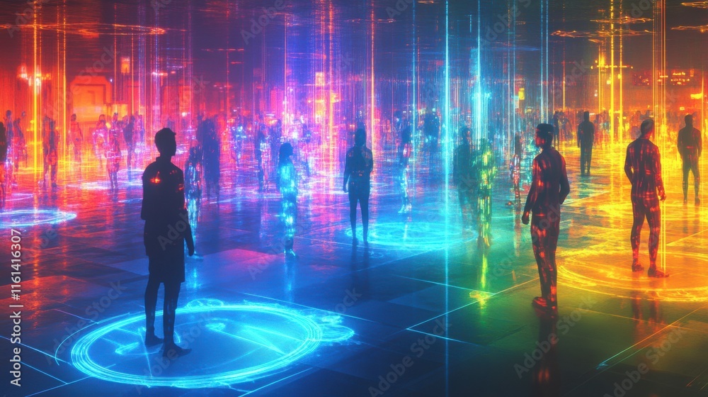 A metaverse gaming arena filled with vibrant avatars and holographic effects, neon style A metaverse gaming arena filled with vibrant avatars and holographic effects, neon style